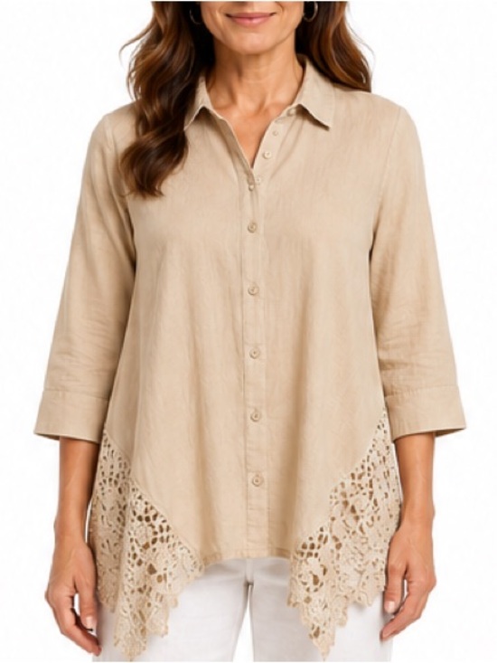 Coldwater Creek Tops - Coldwater Creek Linen Blend Lace Hem Buttons Blouse 10-12 Beige Boho Cottagecore